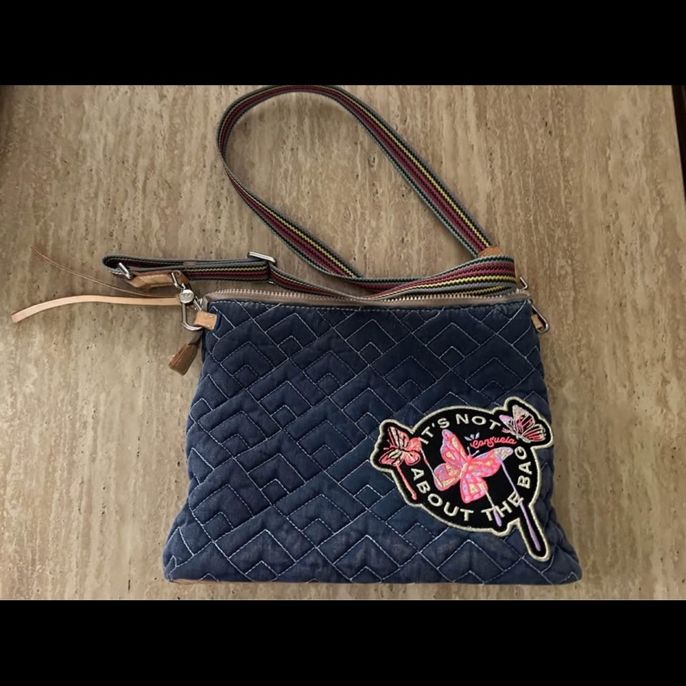 Consuela Blue Quilted Crossbody Bag with Embroidery